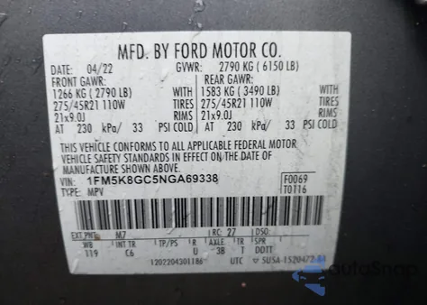 2022 Ford Explorer St из США, поврежденный, VIN 1FM5K8GC5NGA69338